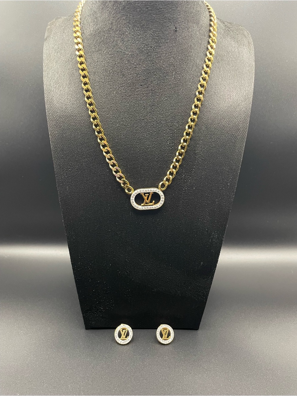 Gold Logo Pendant Chain Necklace and Matching Stud Earrings - Gold